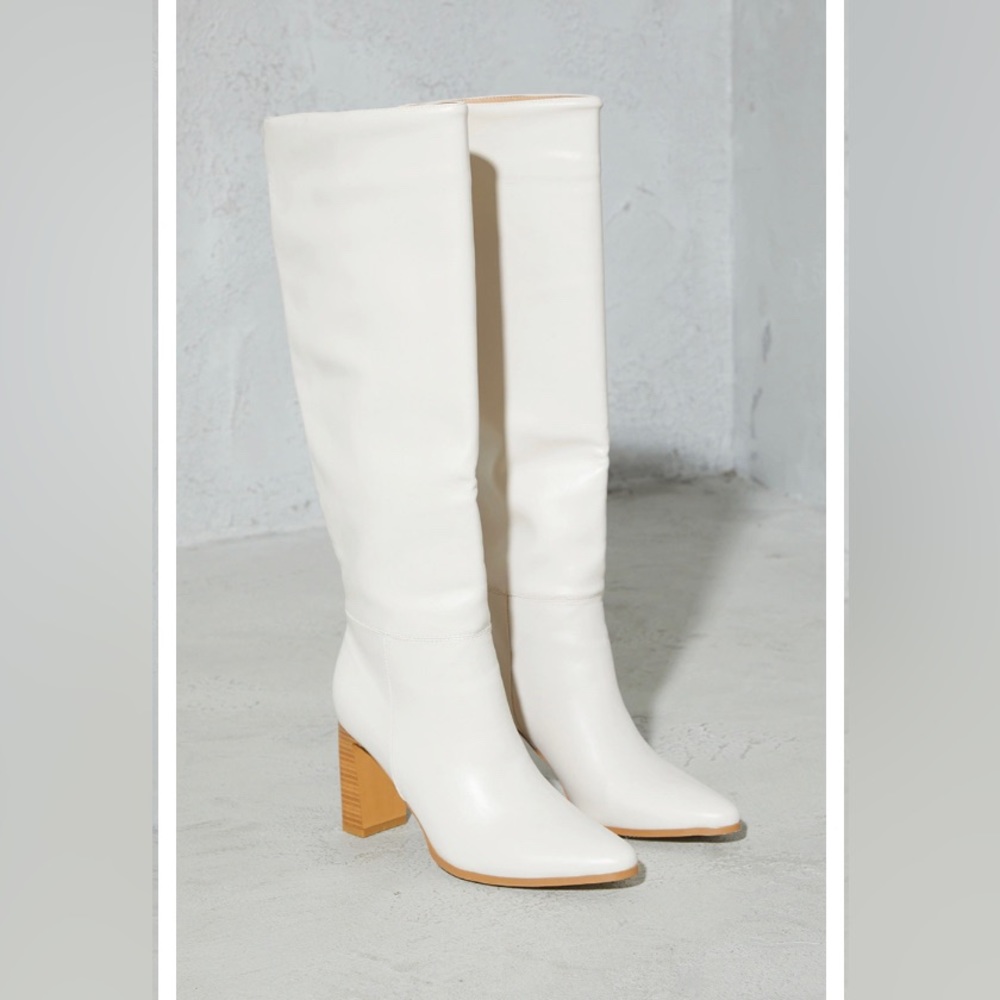 New Cream Block High Heel Women Knee Fall White Boots